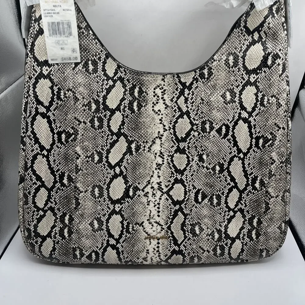 Michael Kors Nolita Shoulder Bag Snakeskin Embossed Leather X-Large Black Beige